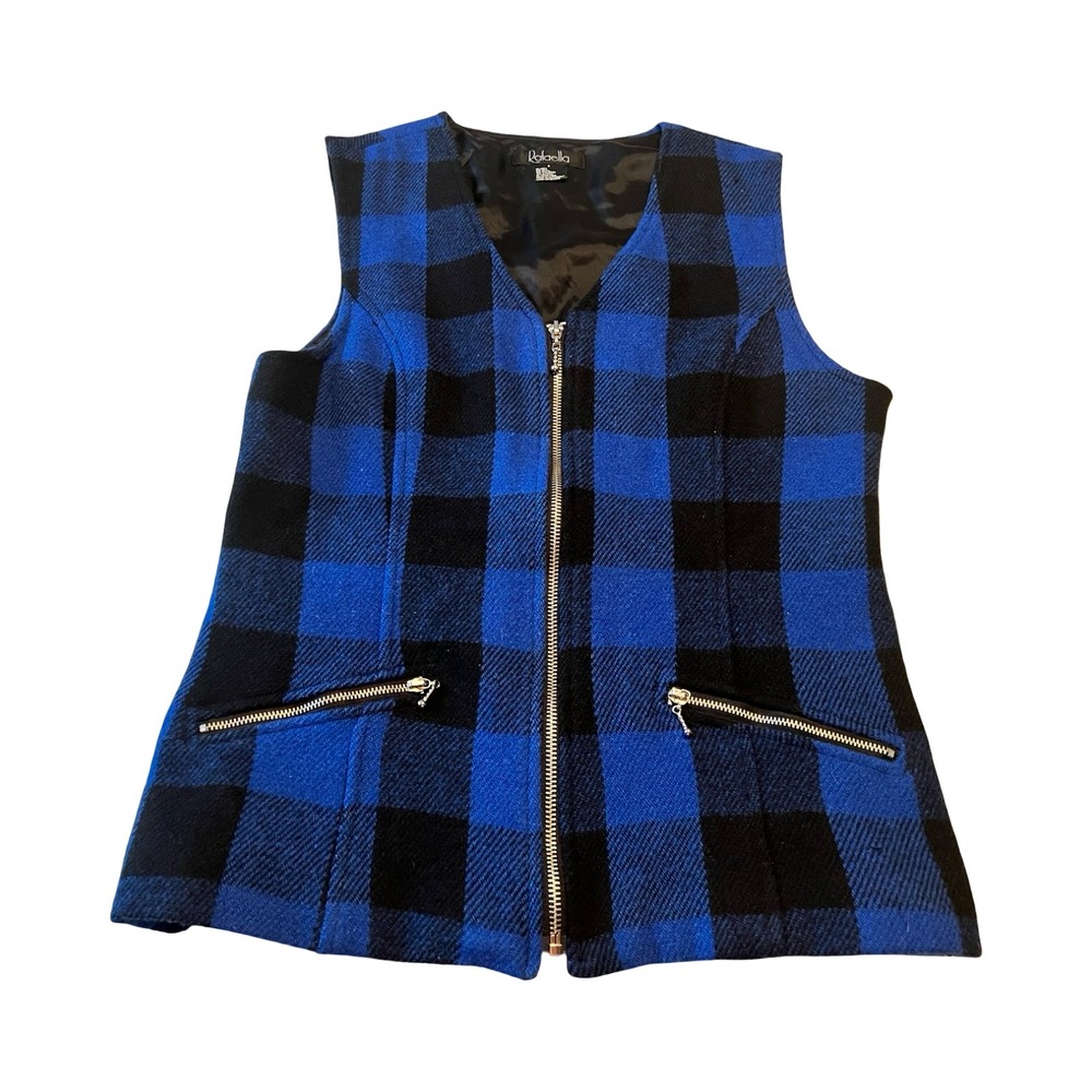 Rafaella Womens Blue Black Buffalo Plaid Wool Blend Zip Up Vest Small